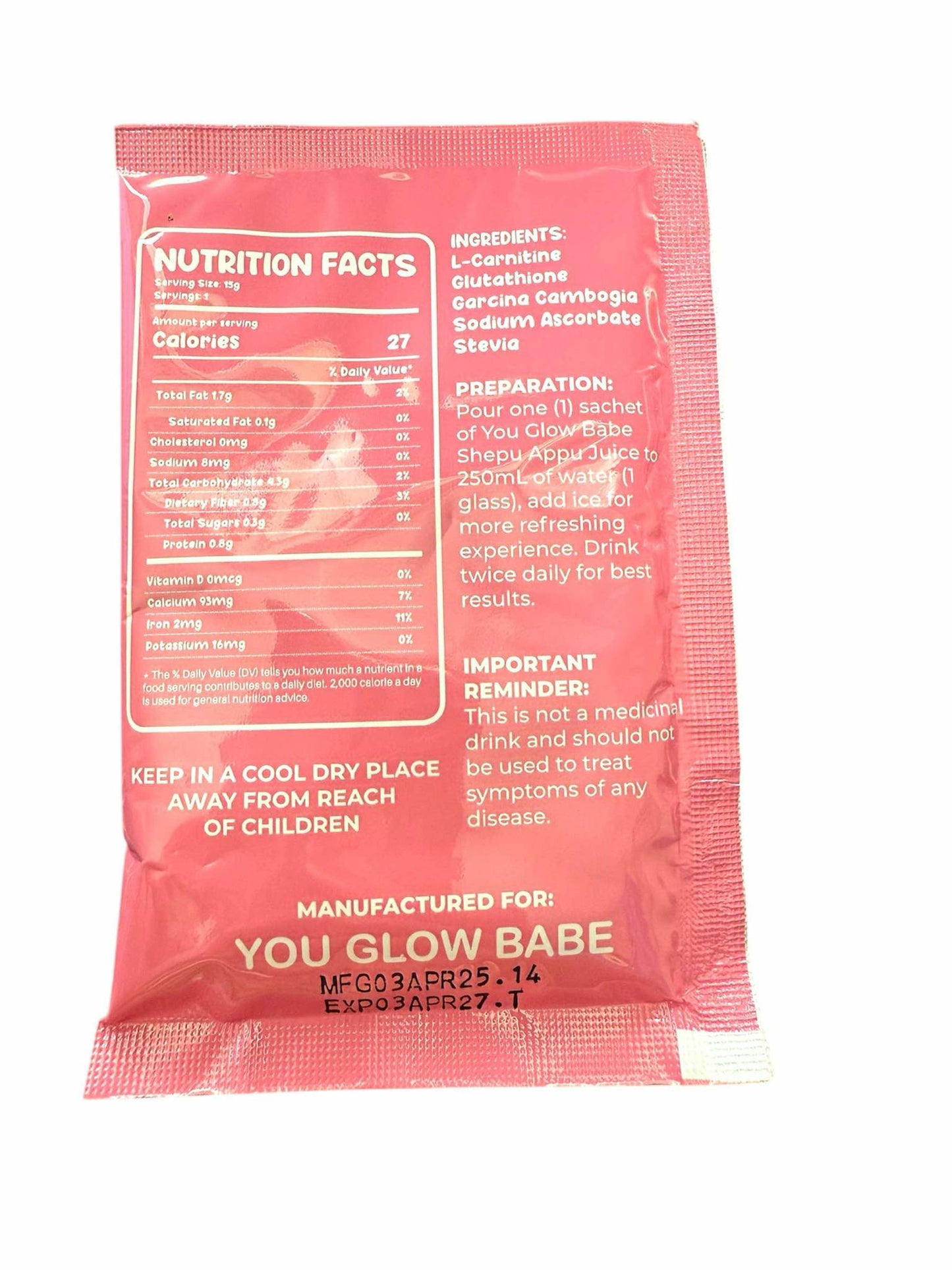 Pink packet with nutritional information and branding on a white background