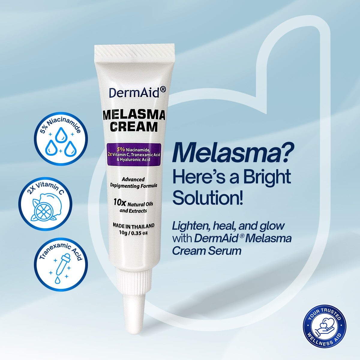 DermAid Melasma Cream tube with product details on a light blue background