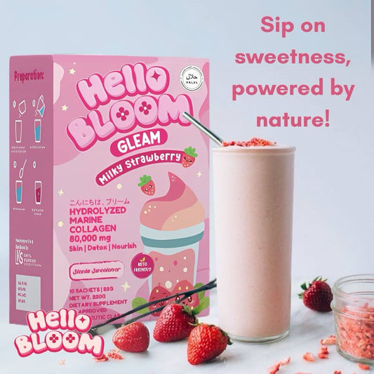 Hello Bloom Gleam, Glow Glam Beauty & Weight Management Drink Powdered Mix 10 Sachets in a Box Gleam Milky Strawberry debsline.co