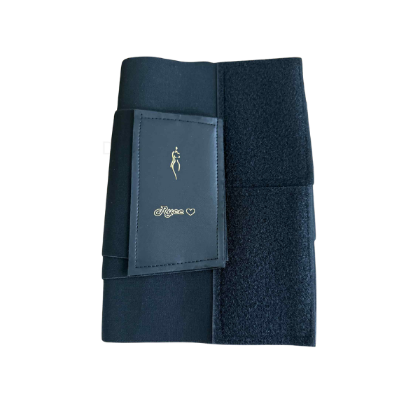 Navy blue equestrian bandage with a brand logo on a white background