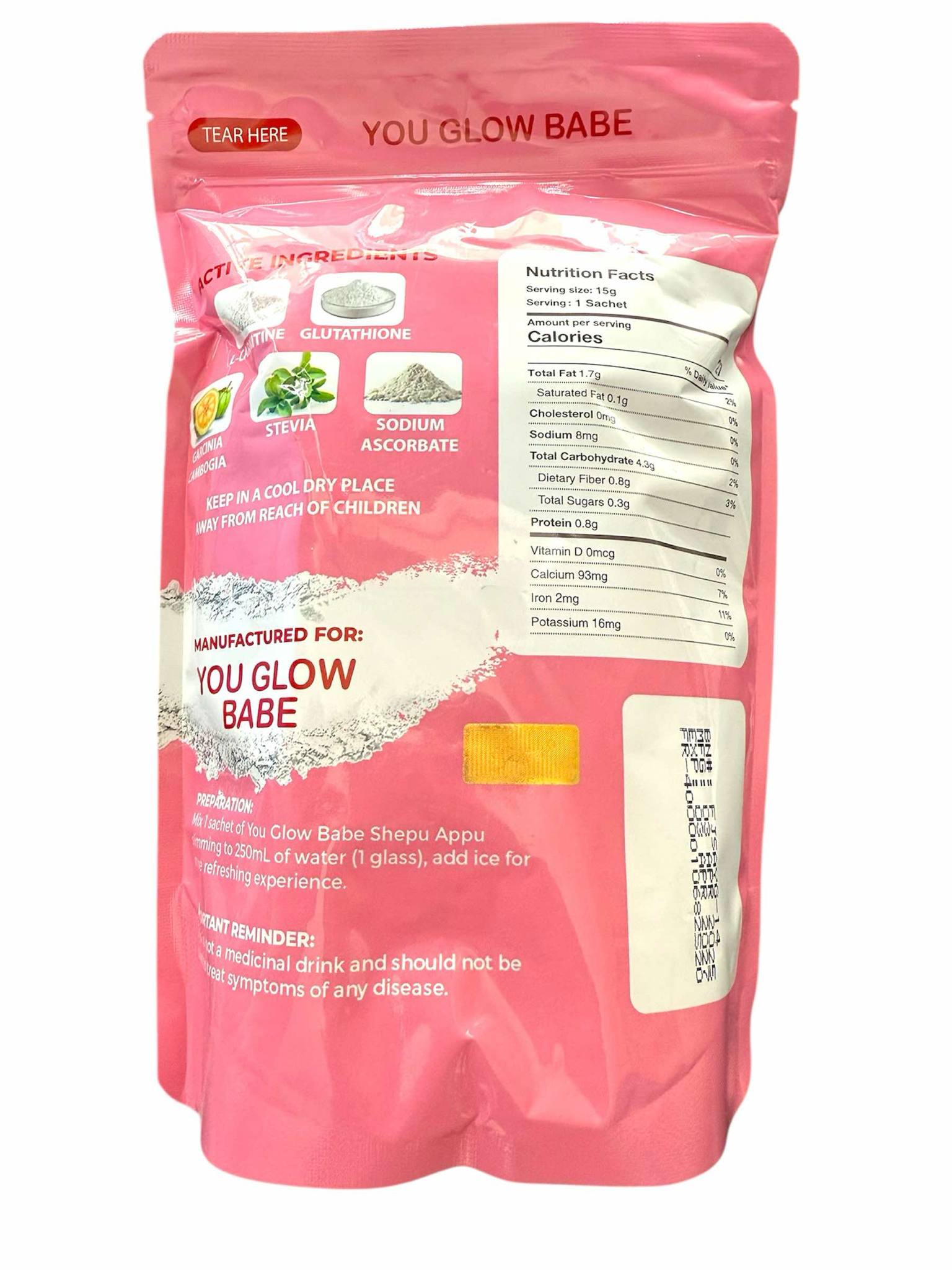 Pink packaging of 'You Glow Babe' with nutritional information on a white background