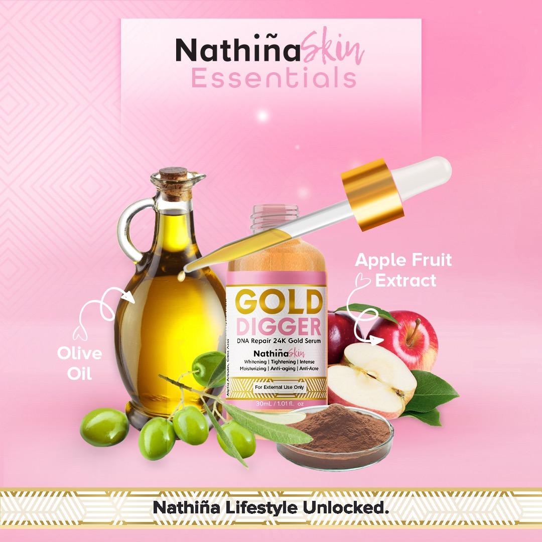 Nathina Skin Gold Digger 24K Gold Serum Lightening Tightening Moisturizing Anti-Aging Anti-Acne Lightweight Moisture Skincare all skin types debsline.co