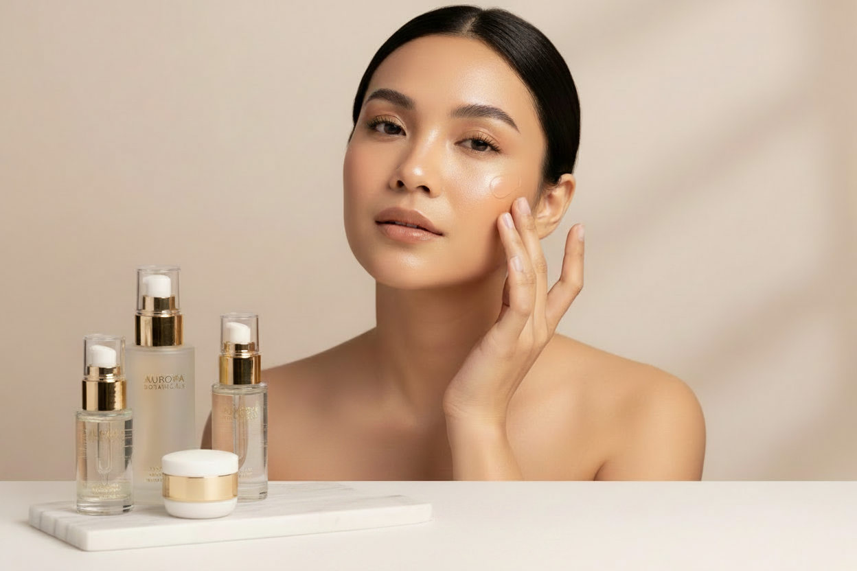 Woman with glowing healthy skin applying luxury skincare products, editorial spa aesthetic