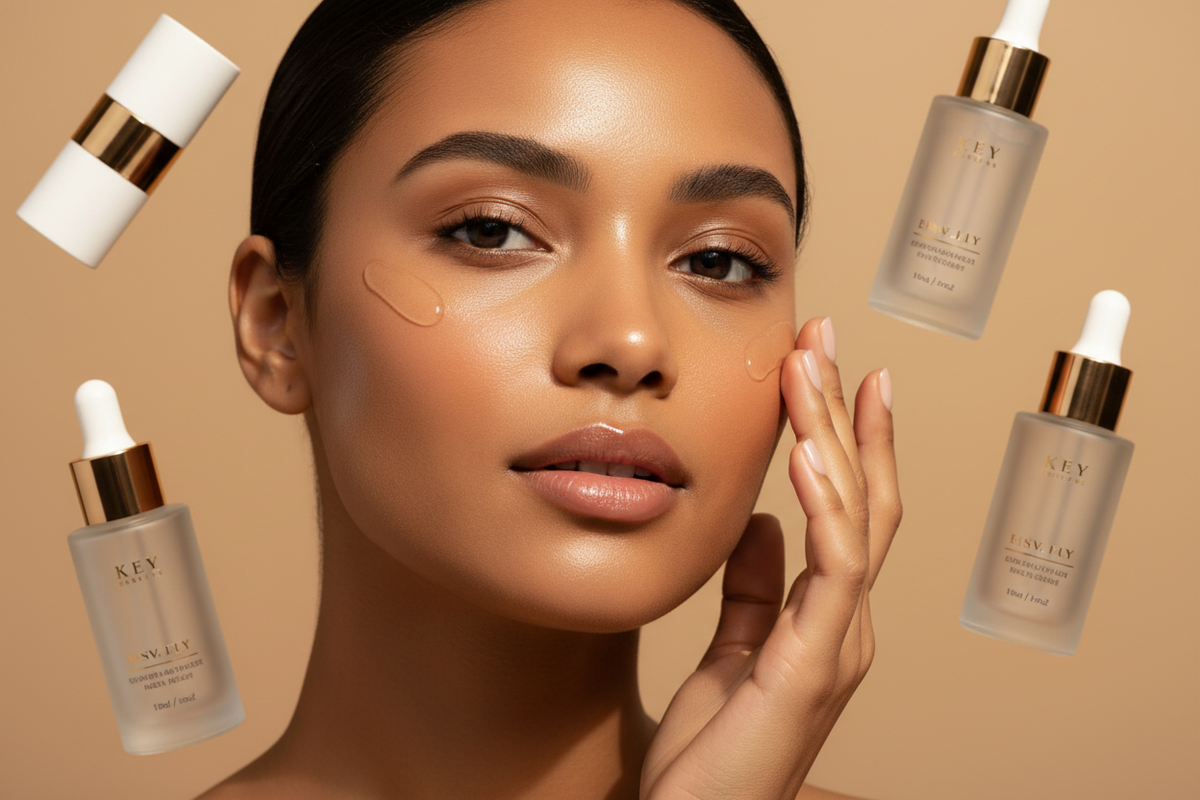 Southeast Asian woman with glowing skin applying skincare, surrounded by elegant skincare products on a warm beige background