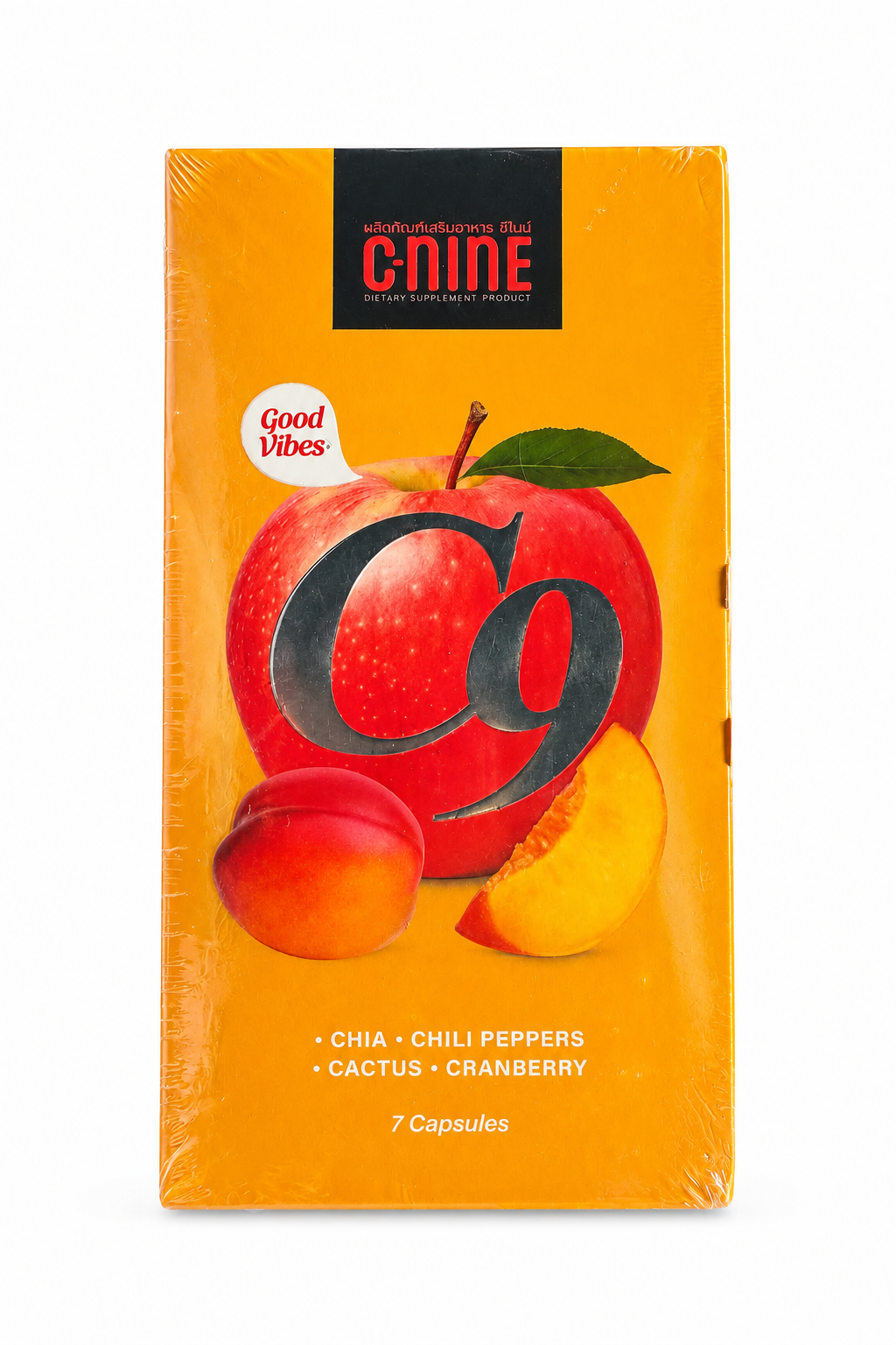 C9 NINE brand orange-yellow box packaging for a 7-capsule supplement, featuring a large red apple with a black '9' and fruit illustrations, on a white background.
