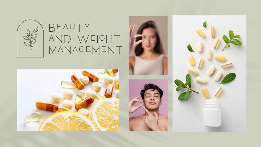 Colorful supplements and fresh fruits displayed on white background to promote beauty and weight management.