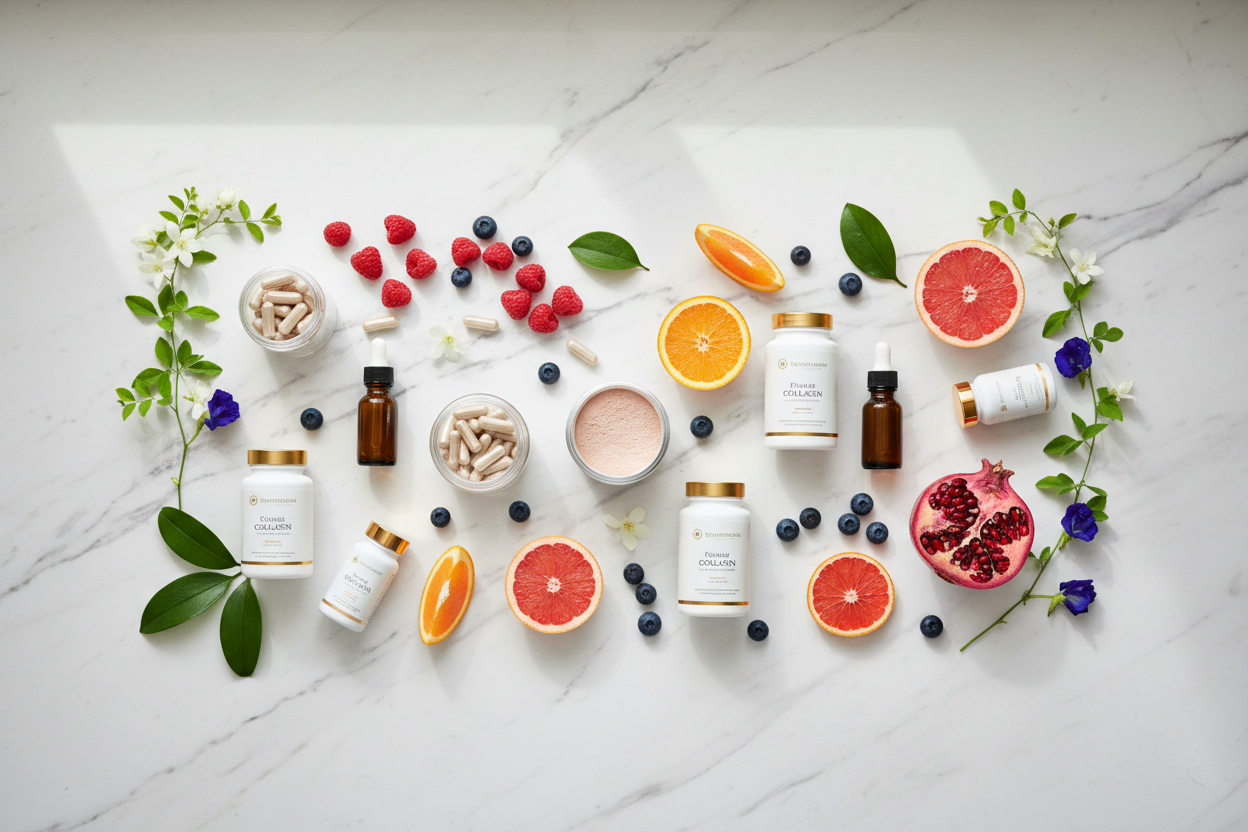 Colorful supplements and fresh fruits displayed on white background to promote beauty and weight management.