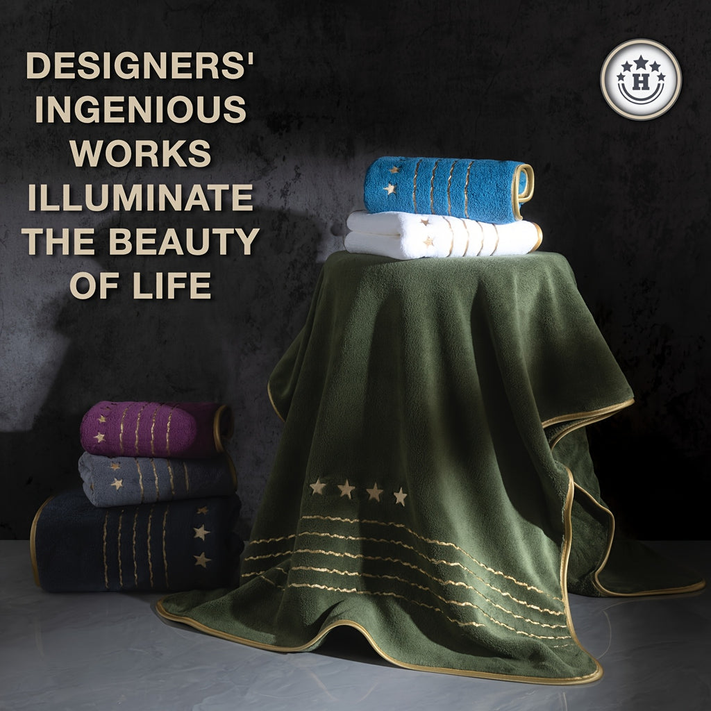 Stack of folded towels on a green tablecloth with text and logo in the corner