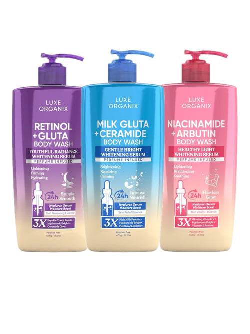 Luxe Organix Radiance Body Wash 1000ml with a sleek bottle, designed for cleansing and skin repair in body care routine.