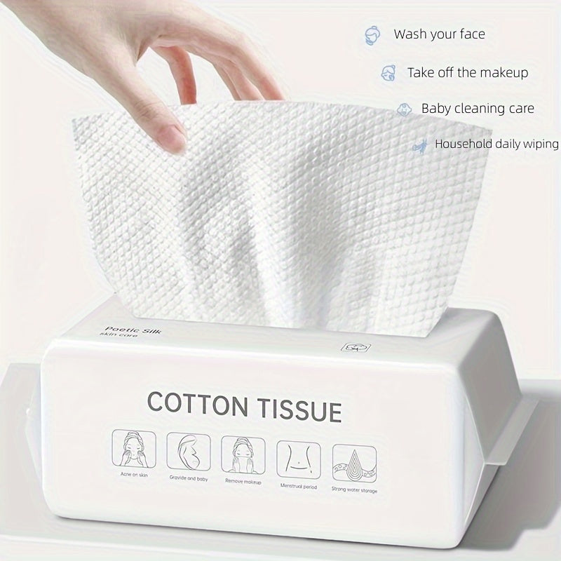 Cotton tissue box with a hand reaching for a tissue, labeled for various uses.