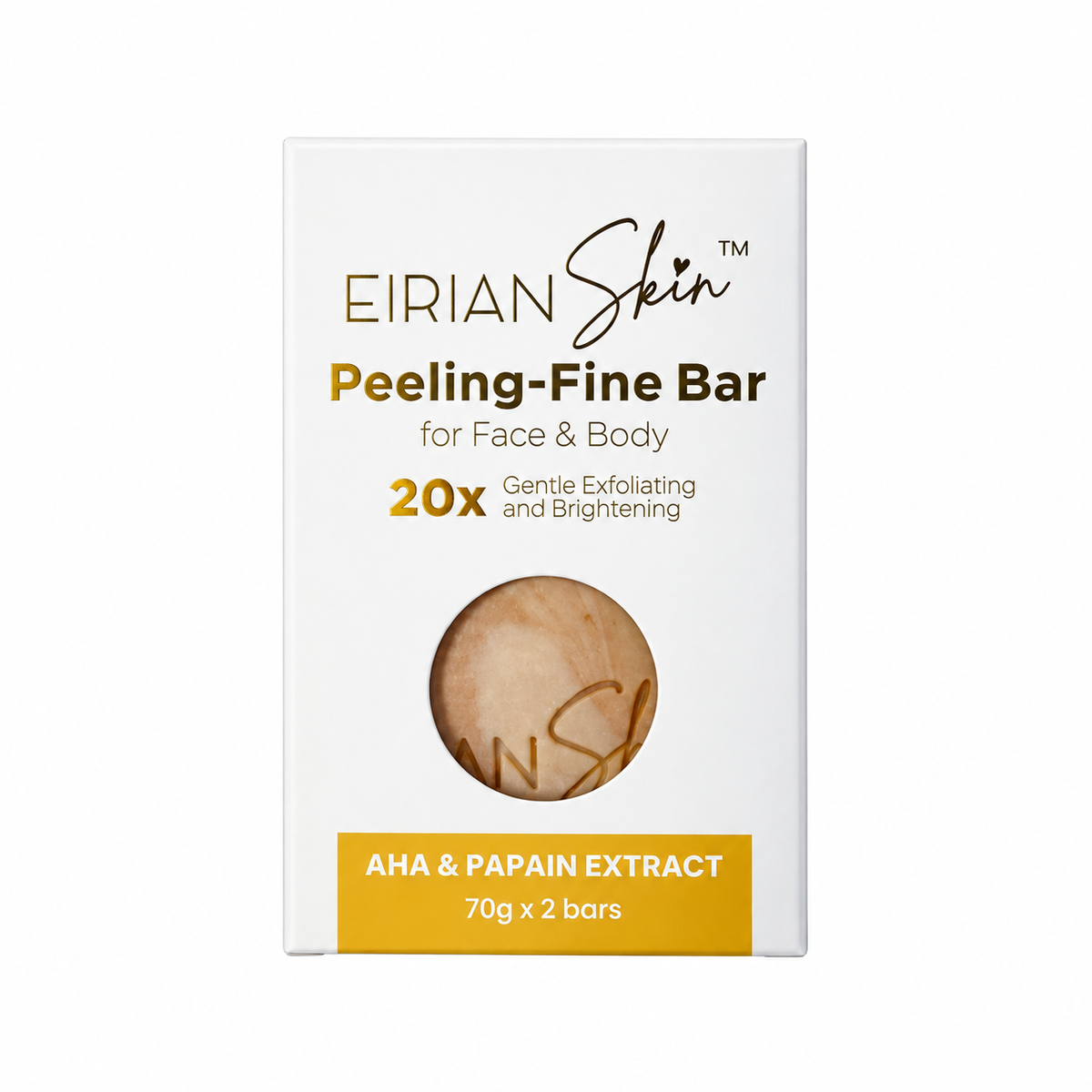 Eirian Skin Peeling-Fine Bar box, featuring a white package with gold and brown text, a circular cutout showing the beige bar inside, and a yellow accent banner at the bottom.