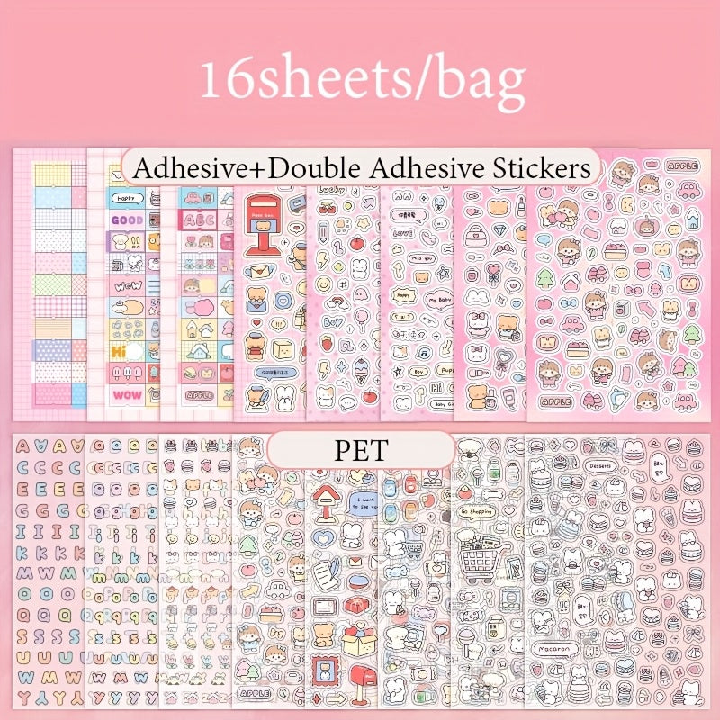 Packaging of adhesive and double-adhesive stickers with various designs on a pink background.
