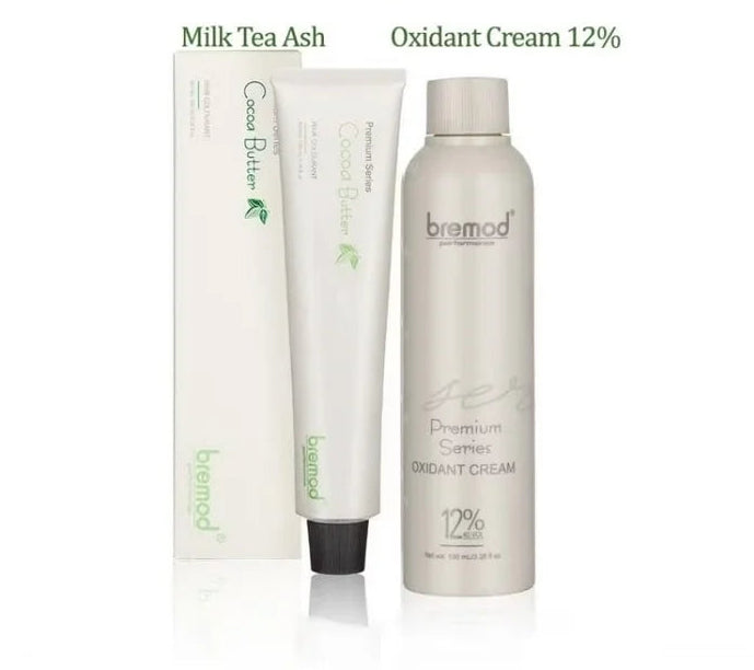 Bremod Milk Tea Ash Premium Series Cocoa Butter Hair Colourant 100ml & 12% Oxidant Cream Complete Salon-Quality Kit Hair Dye