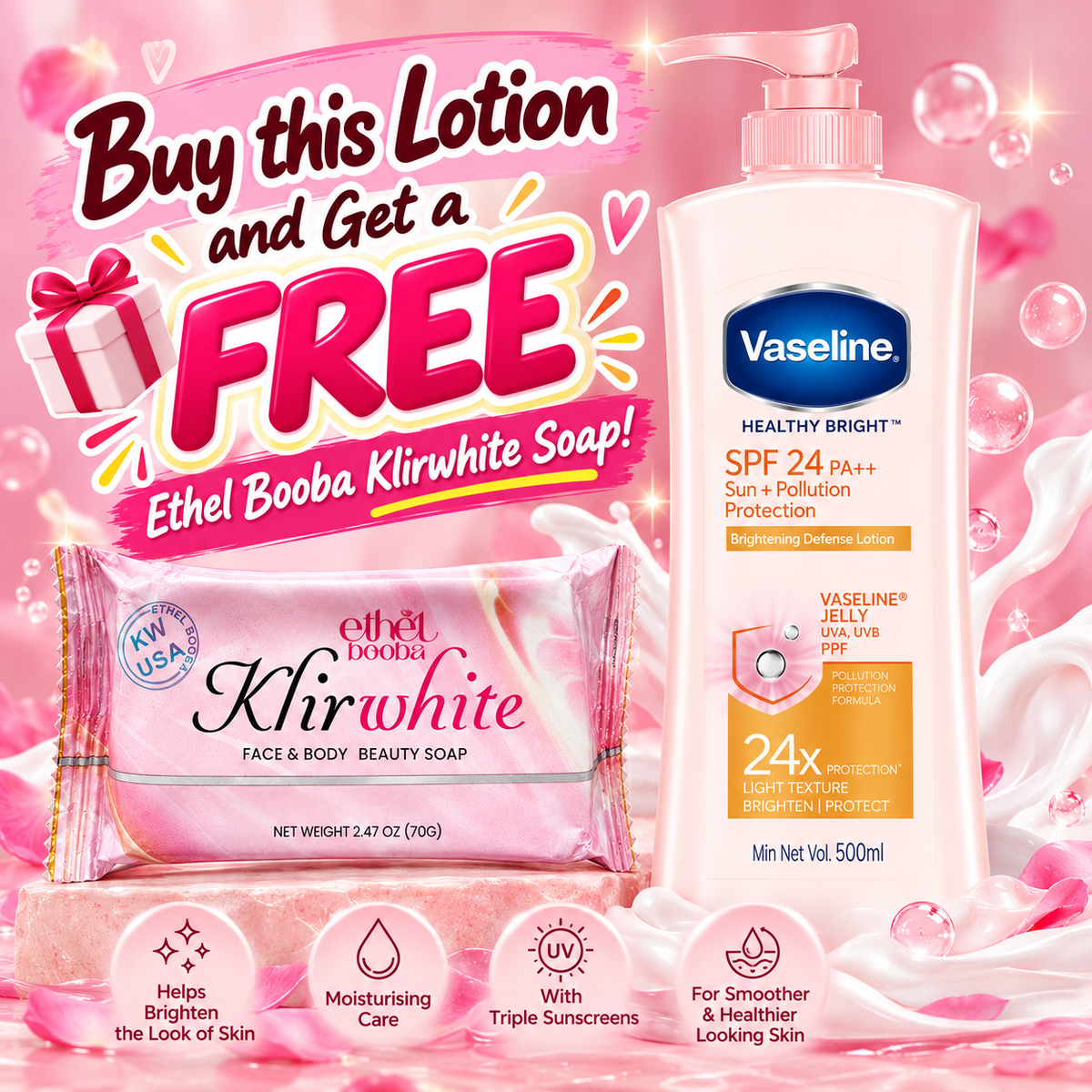 Vaseline Healthy Bright Niacinamide Lotion 500ml Non-Sticky + FREE Klirwhite Soap (Limited Offer)
