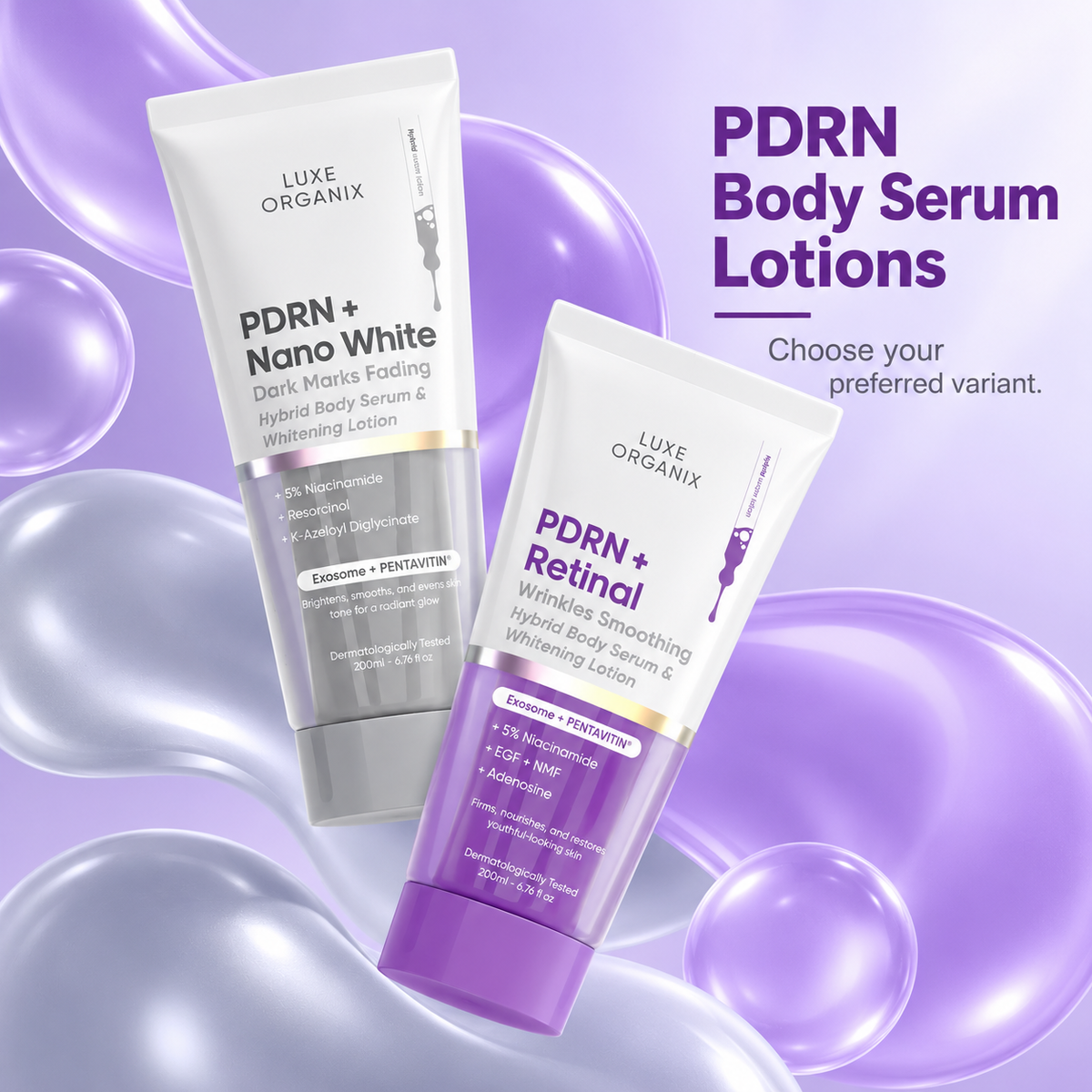 Luxe Organix PDRN Hybrid Body Serum Lotion 200ml – PDRN + Retinal or PDRN + Nano White