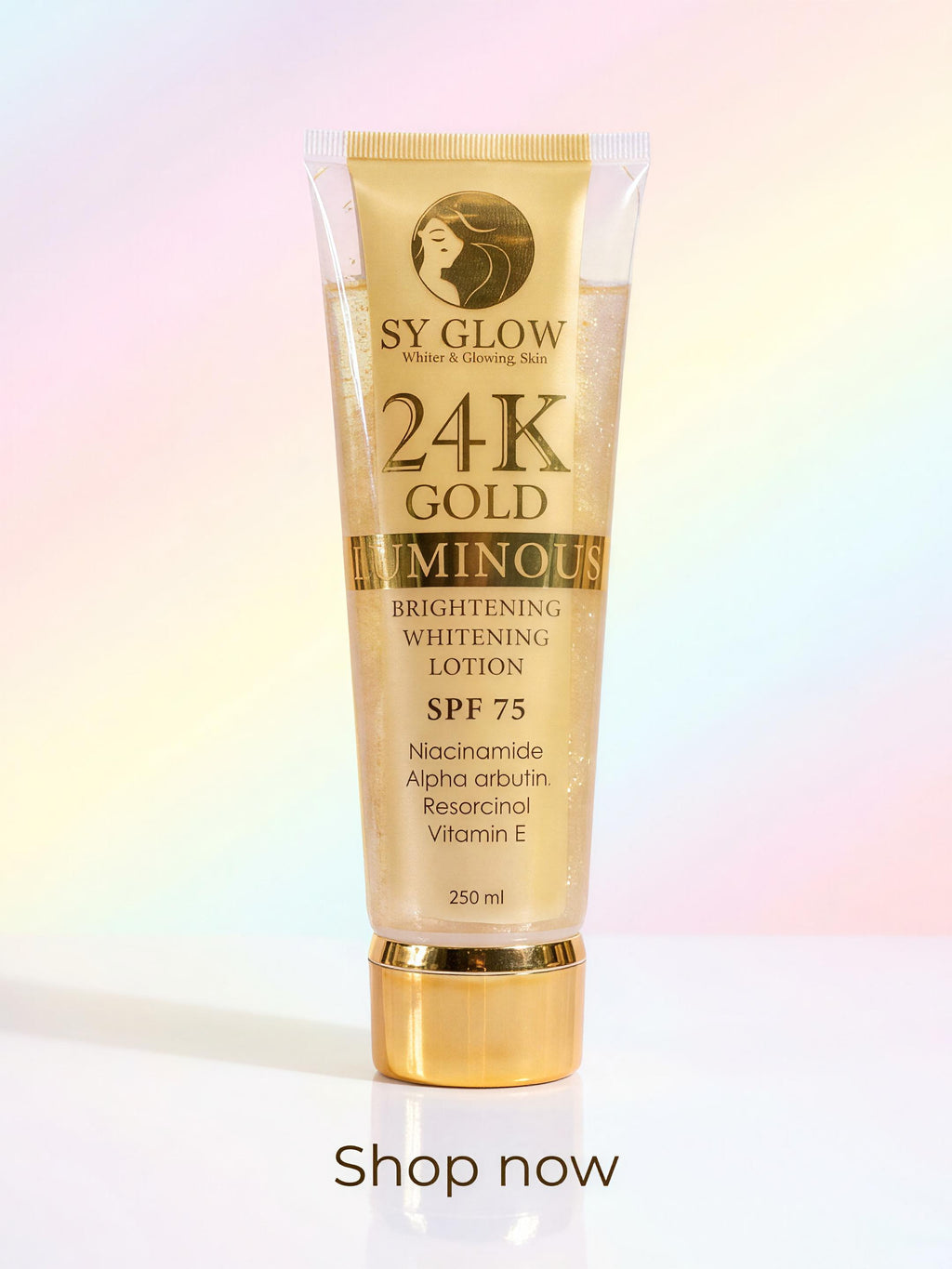 SY Glow 24K Gold Brightening Whitening Lotion tube on a gradient background