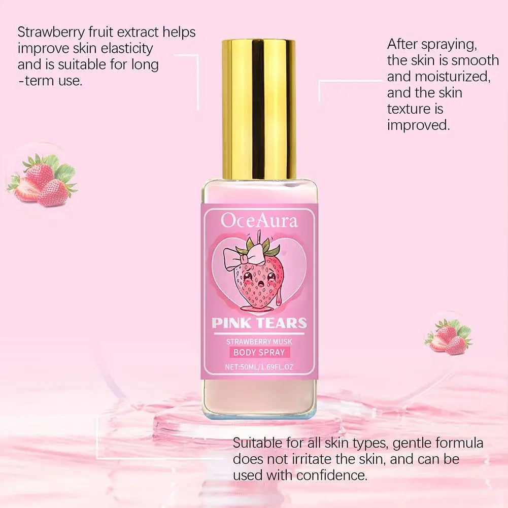 Pink bottle of OceAura Pink Tears Strawberry Body Spray on a pink background with text about its benefits.
