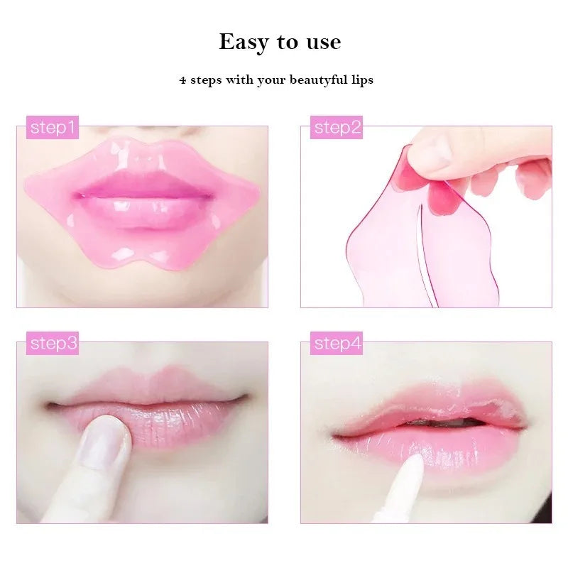 Step-by-step guide on applying a pink lip product with close-up shots of lips.