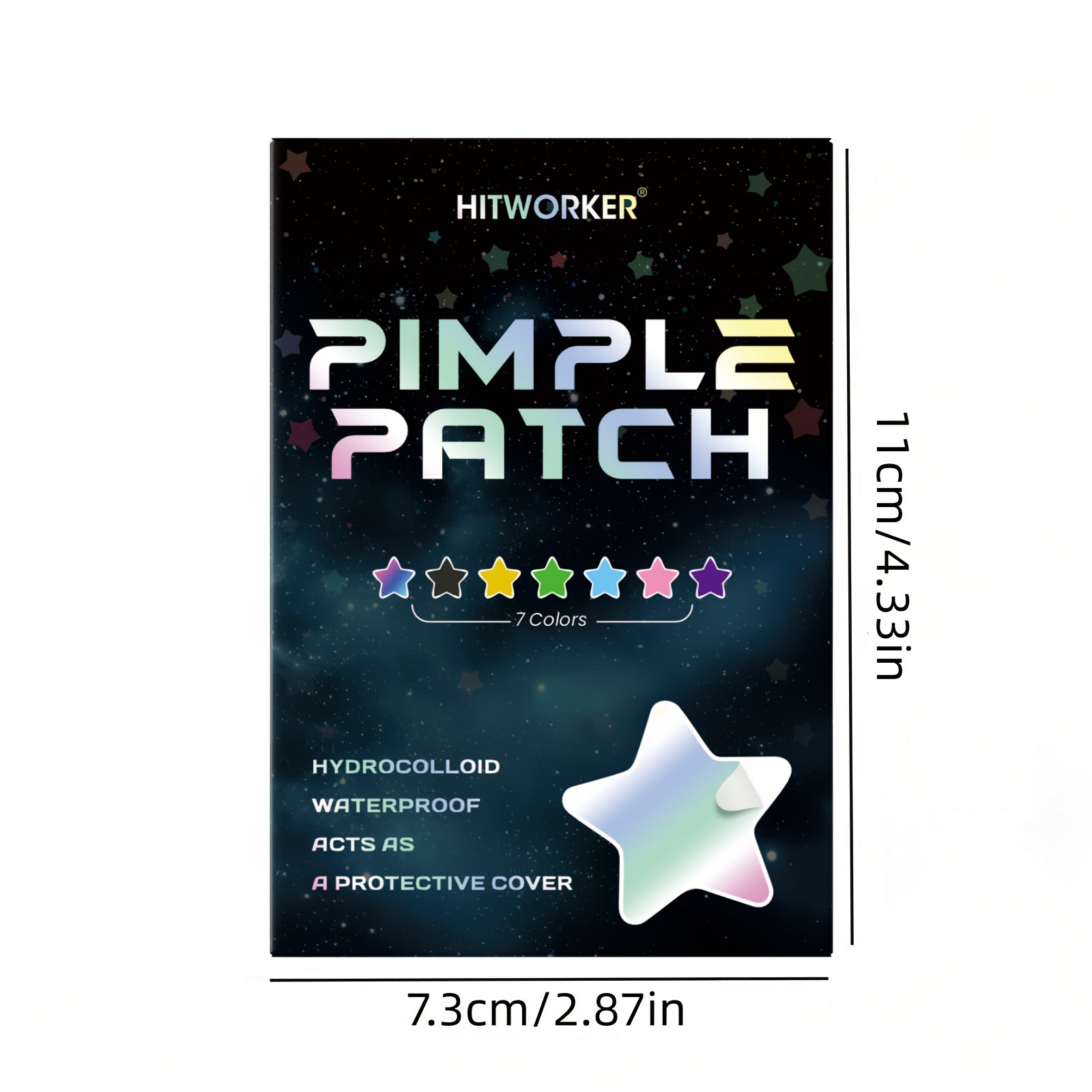 Pimple patch packaging with star-shaped hydrocolloid patch on a dark background