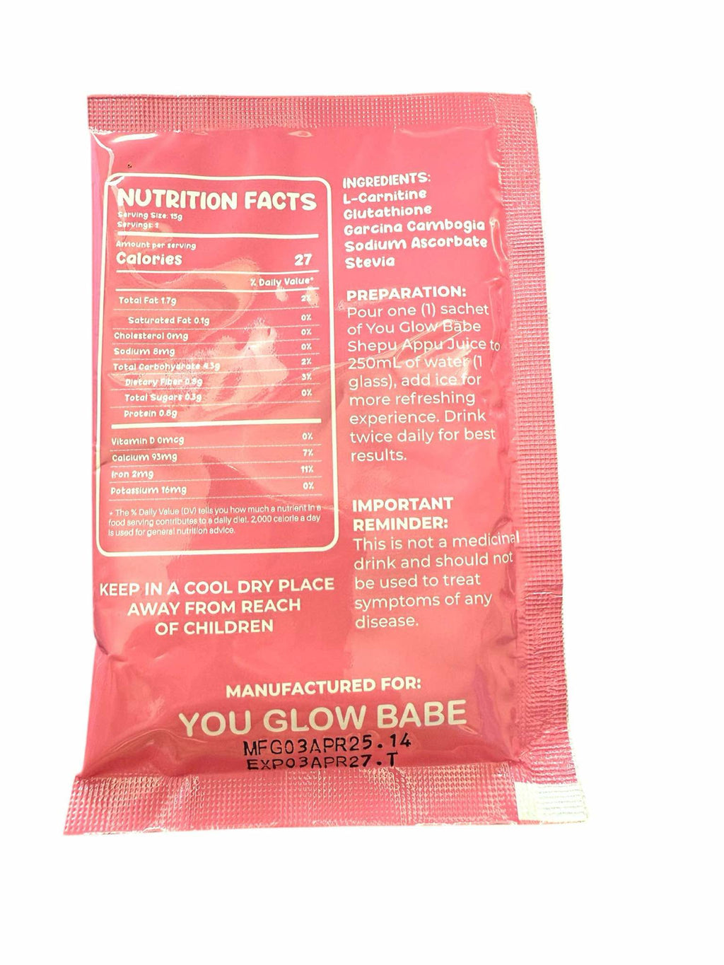You Glow Babe Shepu Appu Juice Powdered Mix Drink 10 sachets in a bag