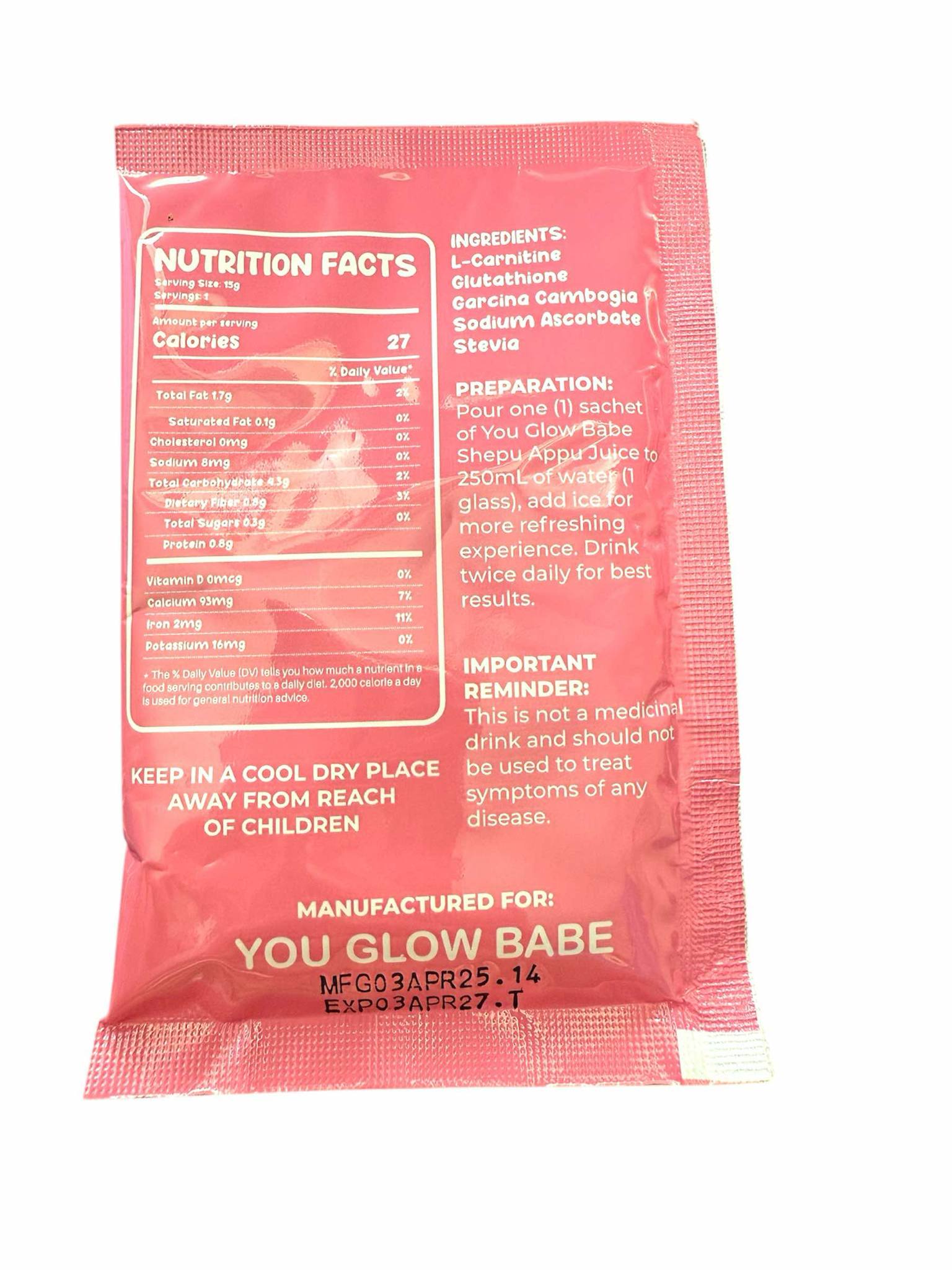 You Glow Babe Shepu Appu Juice Powdered Mix Drink 10 sachets in a bag