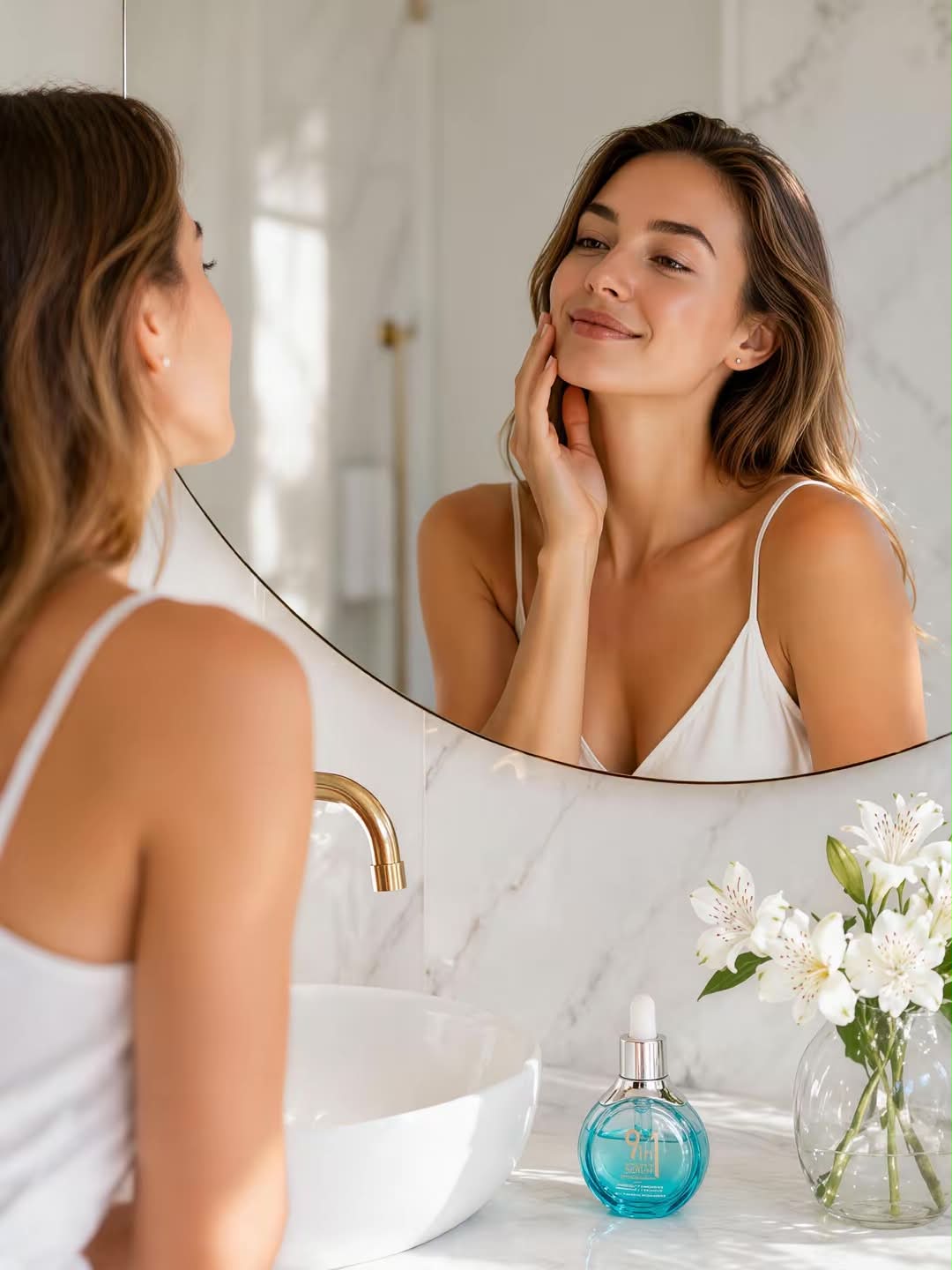 Woman applying skincare product in front of a mirror with a blue bottle and flowers on the counter.