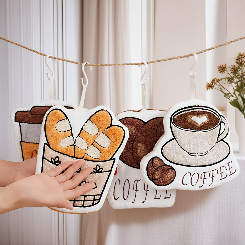 Decorative coasters with coffee-themed designs hanging on a line.