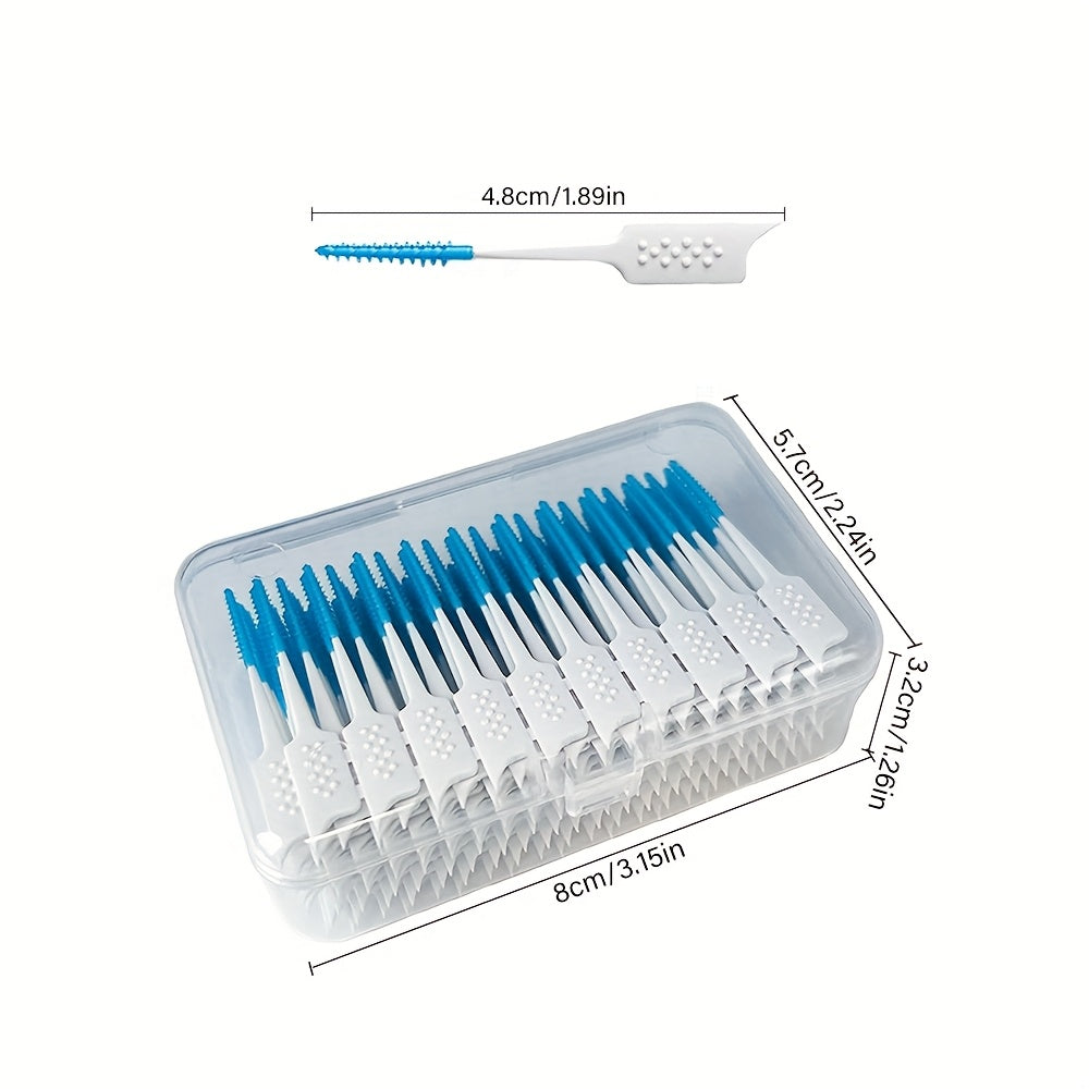Set of blue and white toothbrushes in a clear plastic container with dimensions displayed.