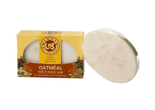 Oatmeal milk and honey soap with packaging on a white background, featuring the Amira brand.