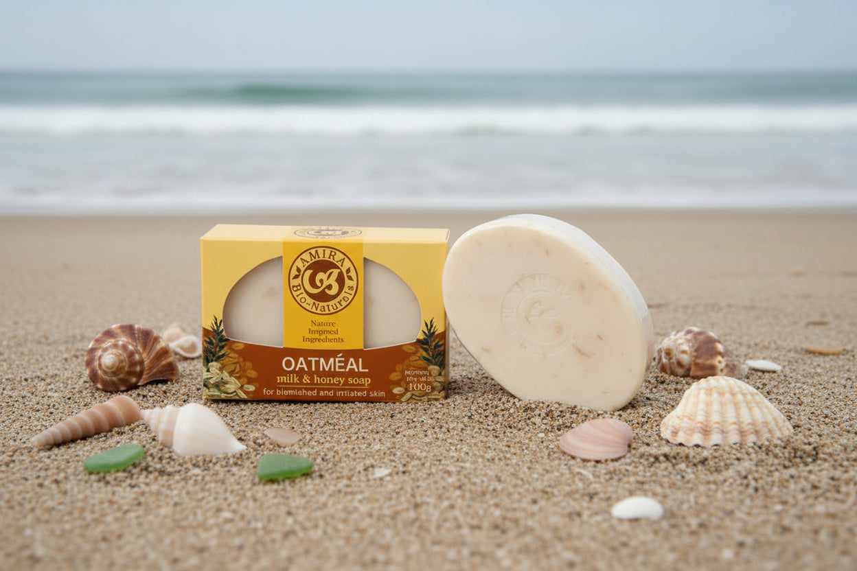 Oatmeal milk and honey soap with packaging on a white background