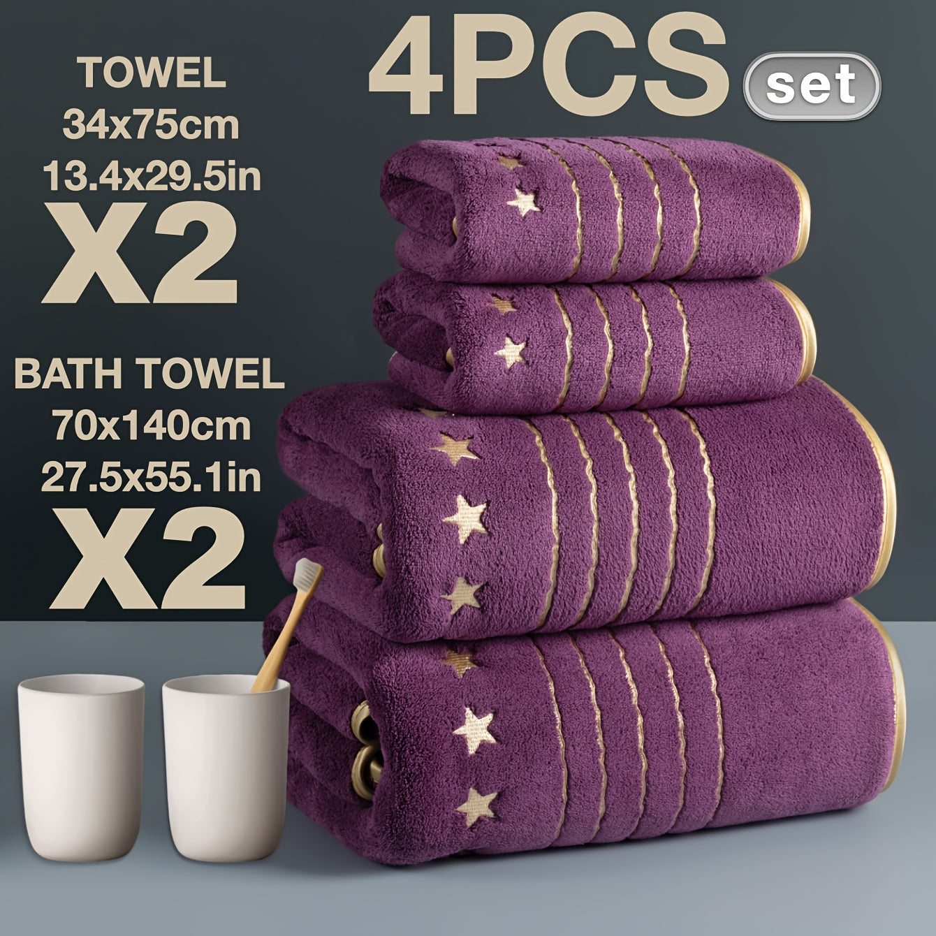 Set of four purple towels with gold accents, two bath towels and two hand towels, on a gray background.