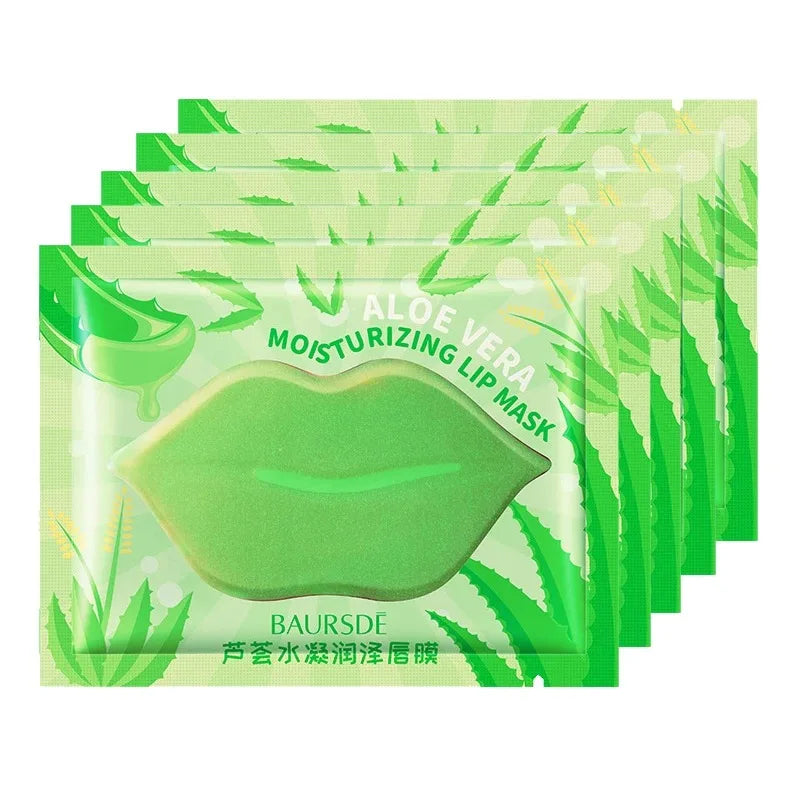 Five green aloe vera lip mask packages with visible branding on a white background