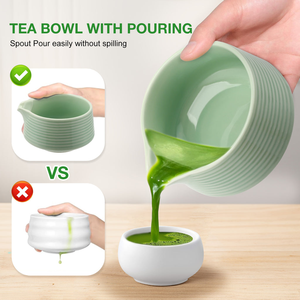 Green tea bowl with spout being used to pour green tea into a white cup on a wooden surface.