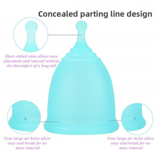 Teal menstrual cup with labeled features on a white background