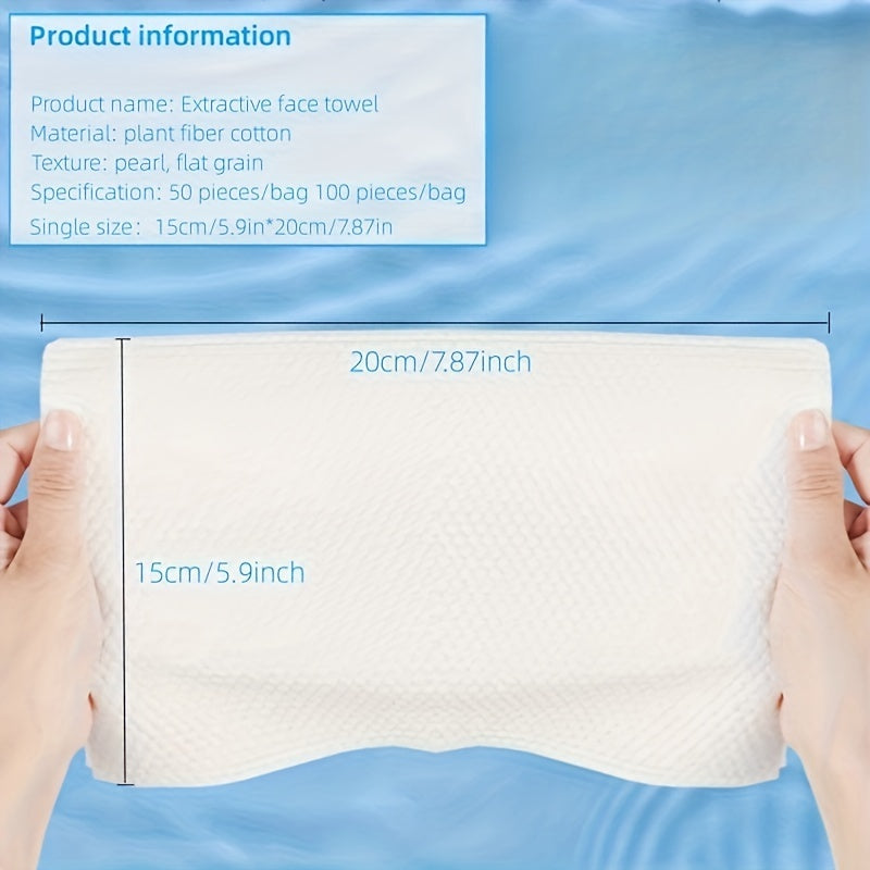 Extractive face towel held by hands with product information text overlay