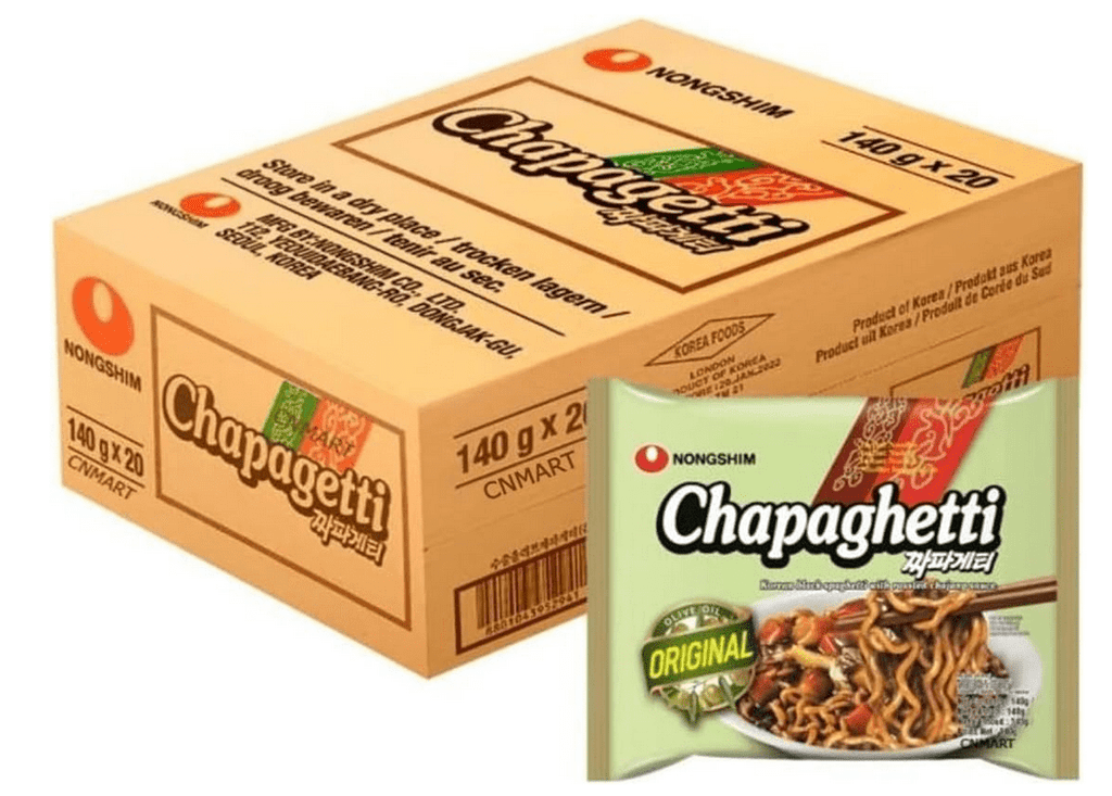 Box of Nongshim Chapagetti instant noodles with a single packet on a white background