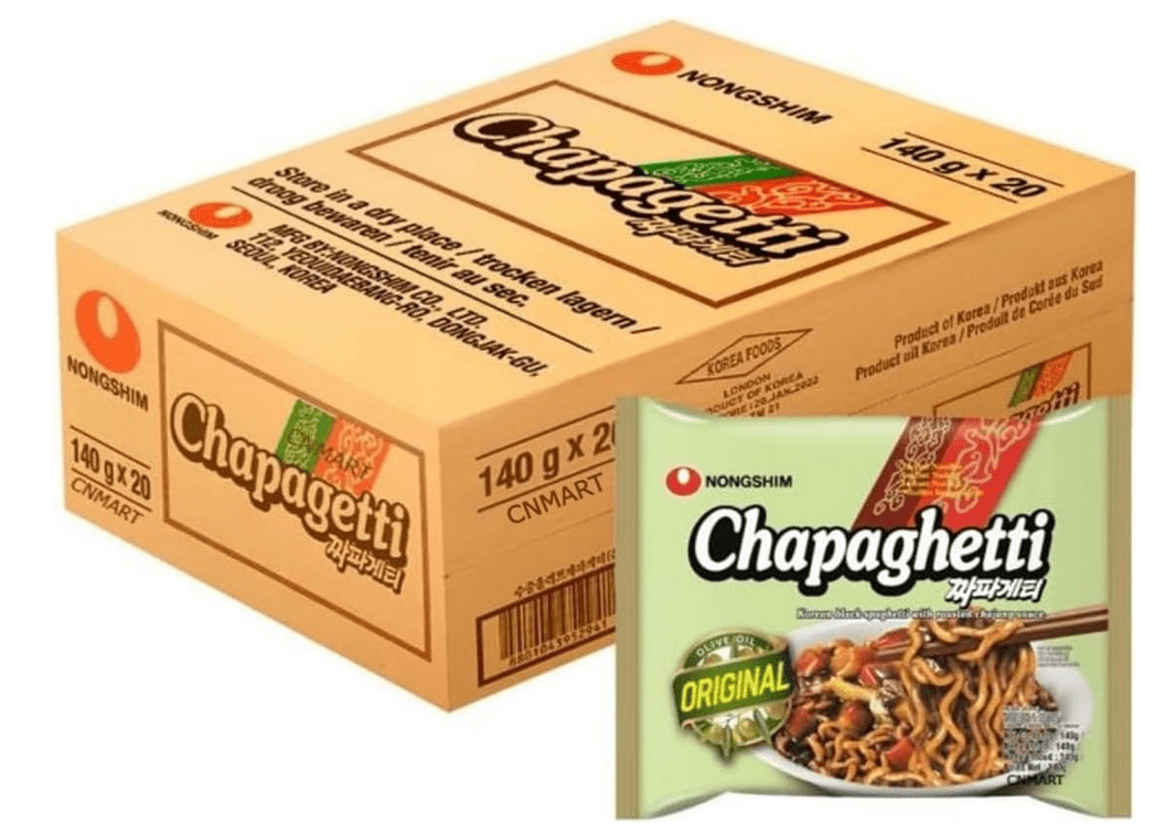 Box of Nongshim Chapagetti instant noodles with a single packet on a white background