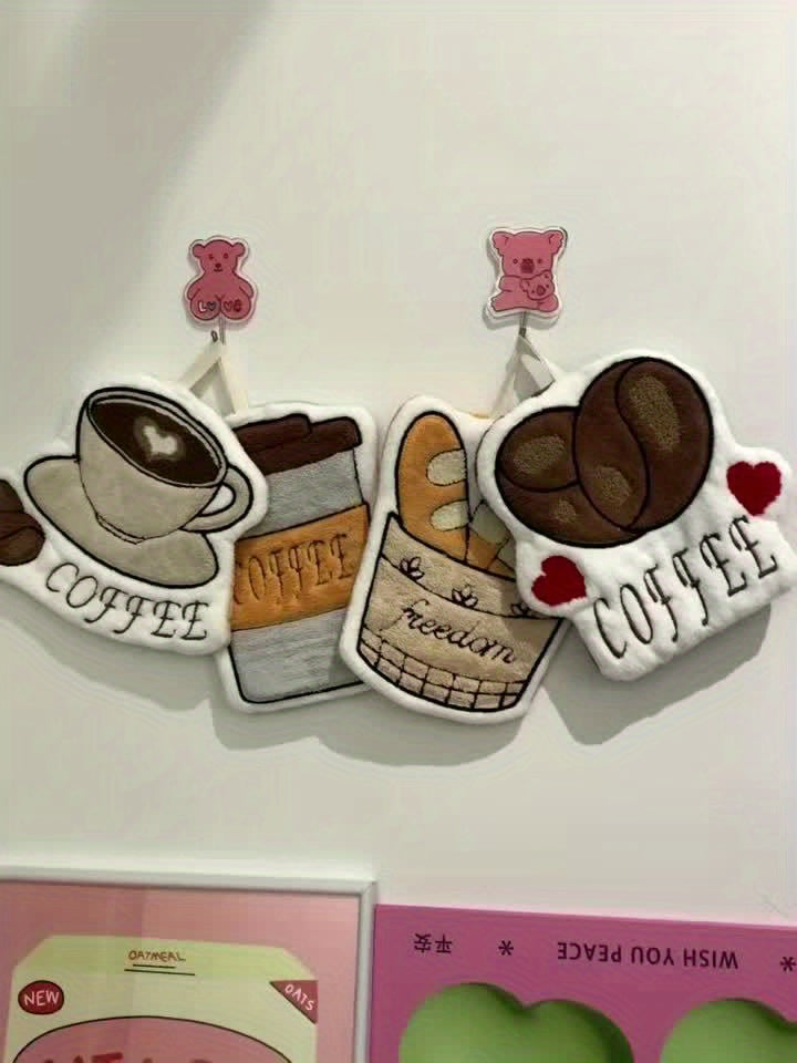 Set of coffee-themed coasters with cartoon designs on a white background.
