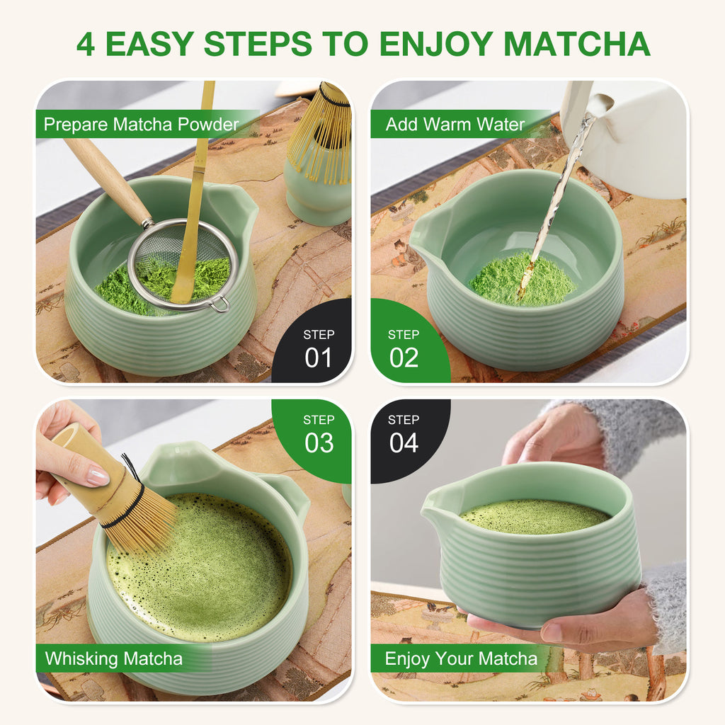 Step-by-step guide on how to prepare matcha tea with a green ceramic bowl and whisk.