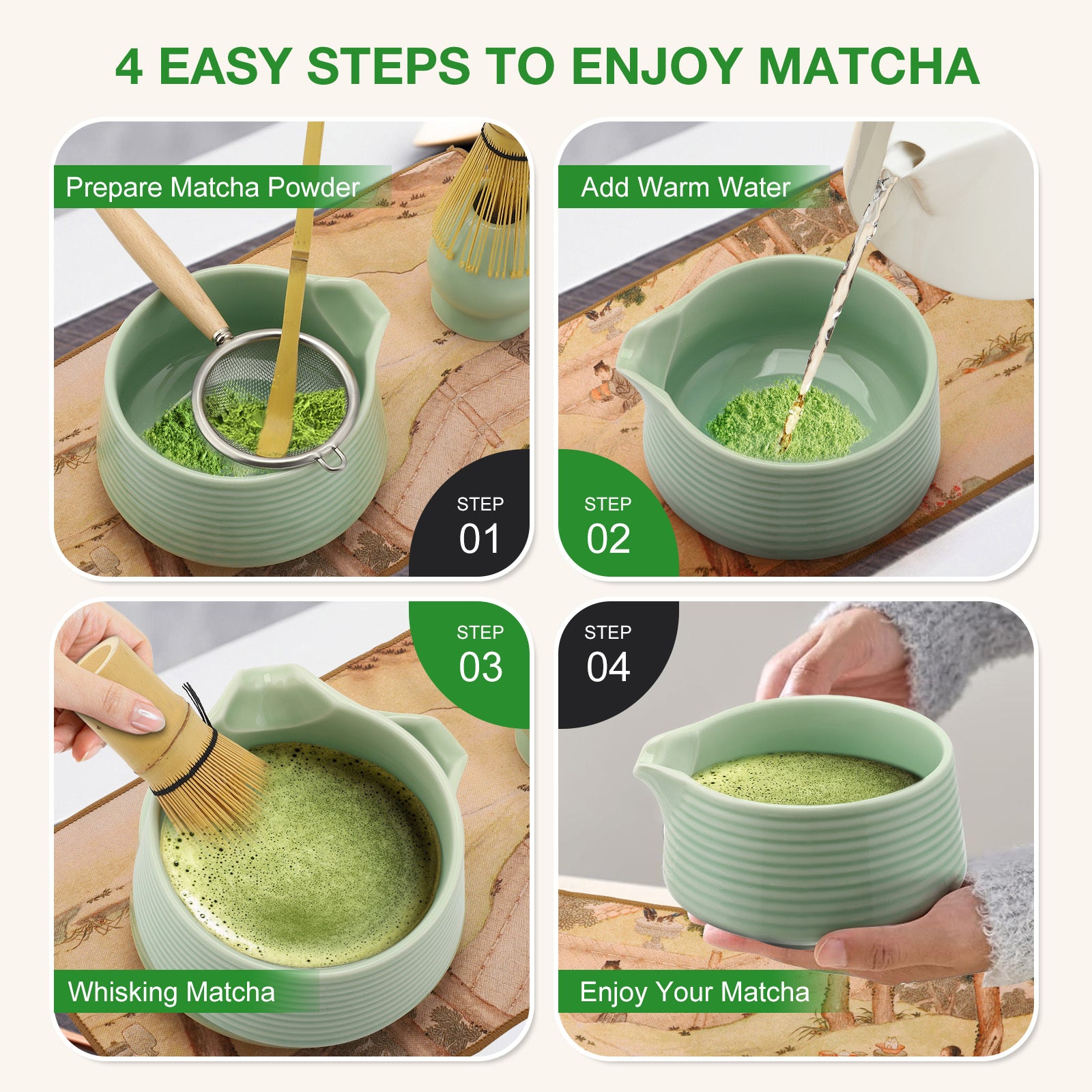 Step-by-step guide on how to prepare matcha tea with a green ceramic bowl and whisk.