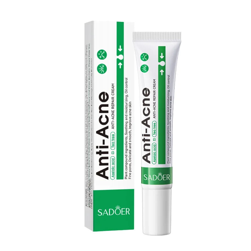 Anti-acne cream tube and packaging with 'Sadoer' branding on a white background