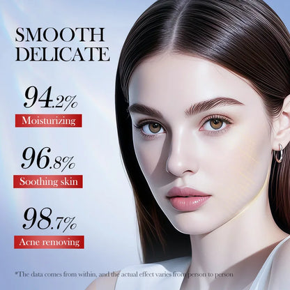 Woman's face with skincare product benefits displayed on a light blue background