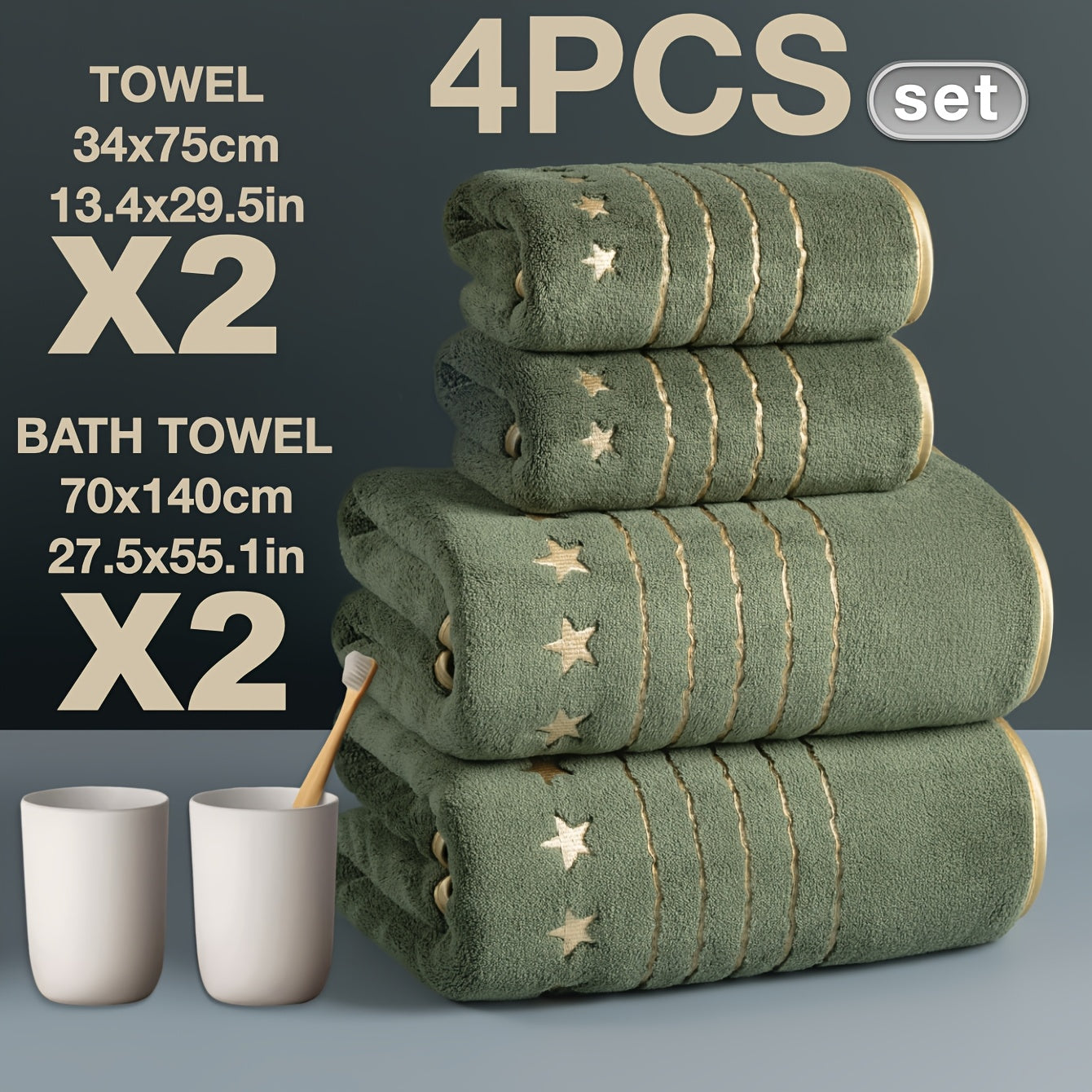 Set of green towels with star patterns, two cups, and a toothbrush on a gray background.
