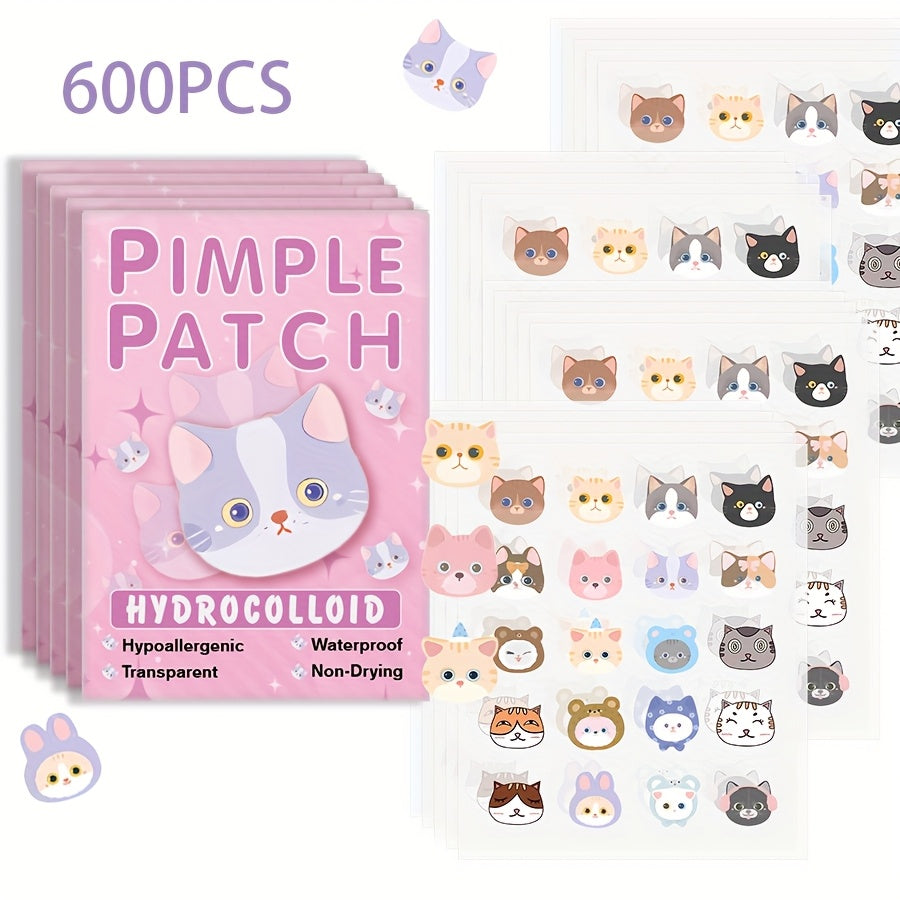 Pack of 600 hydrocolloid pimple patches with cartoon cat designs on a white background.