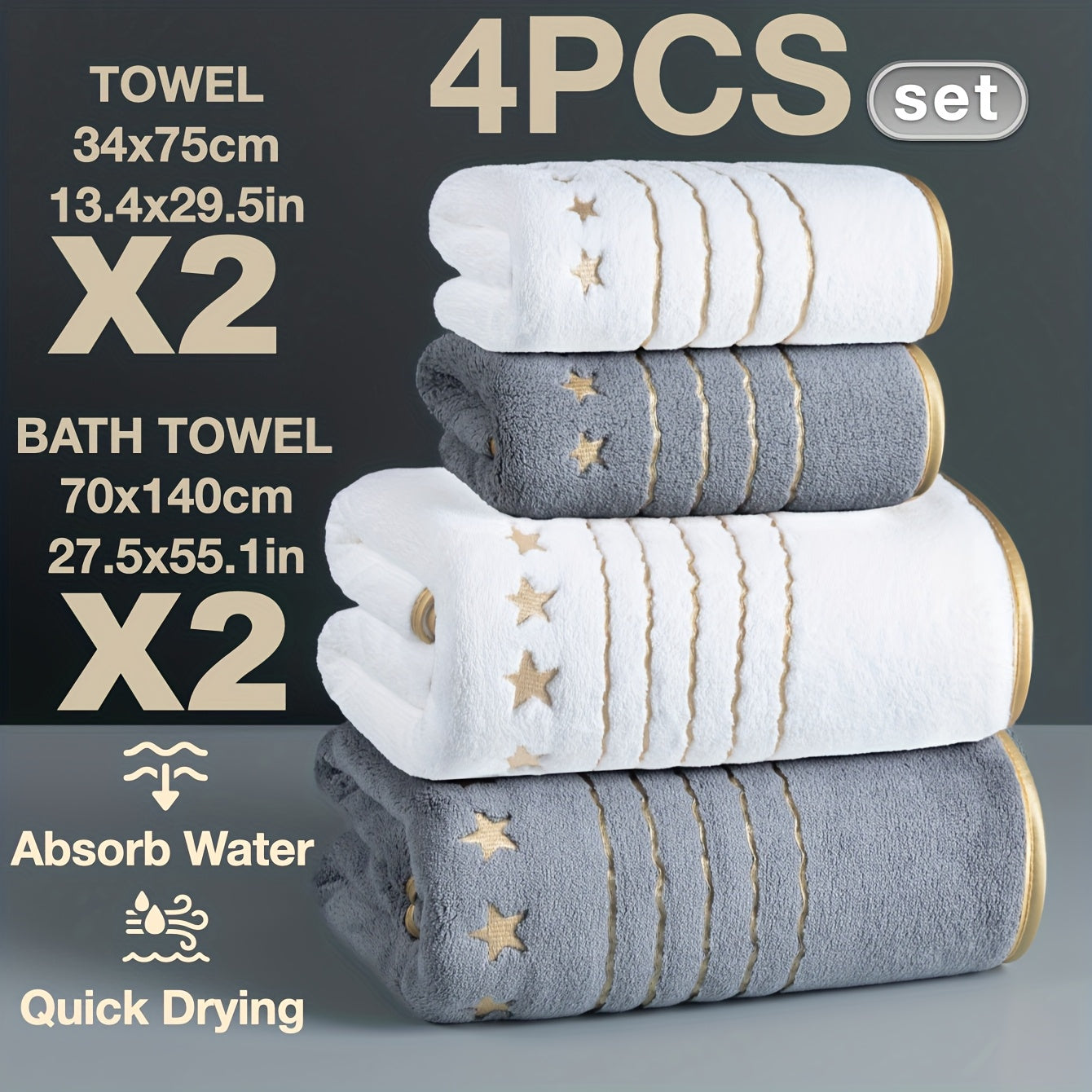 Stack of four towels with specifications and features on a gray background