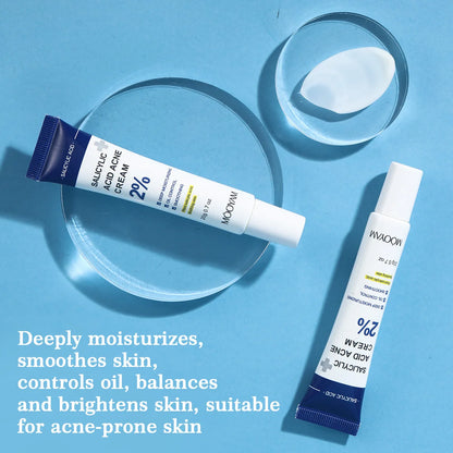 Two tubes of Mizon Salicylic Acid Cream on a blue background with product description text.