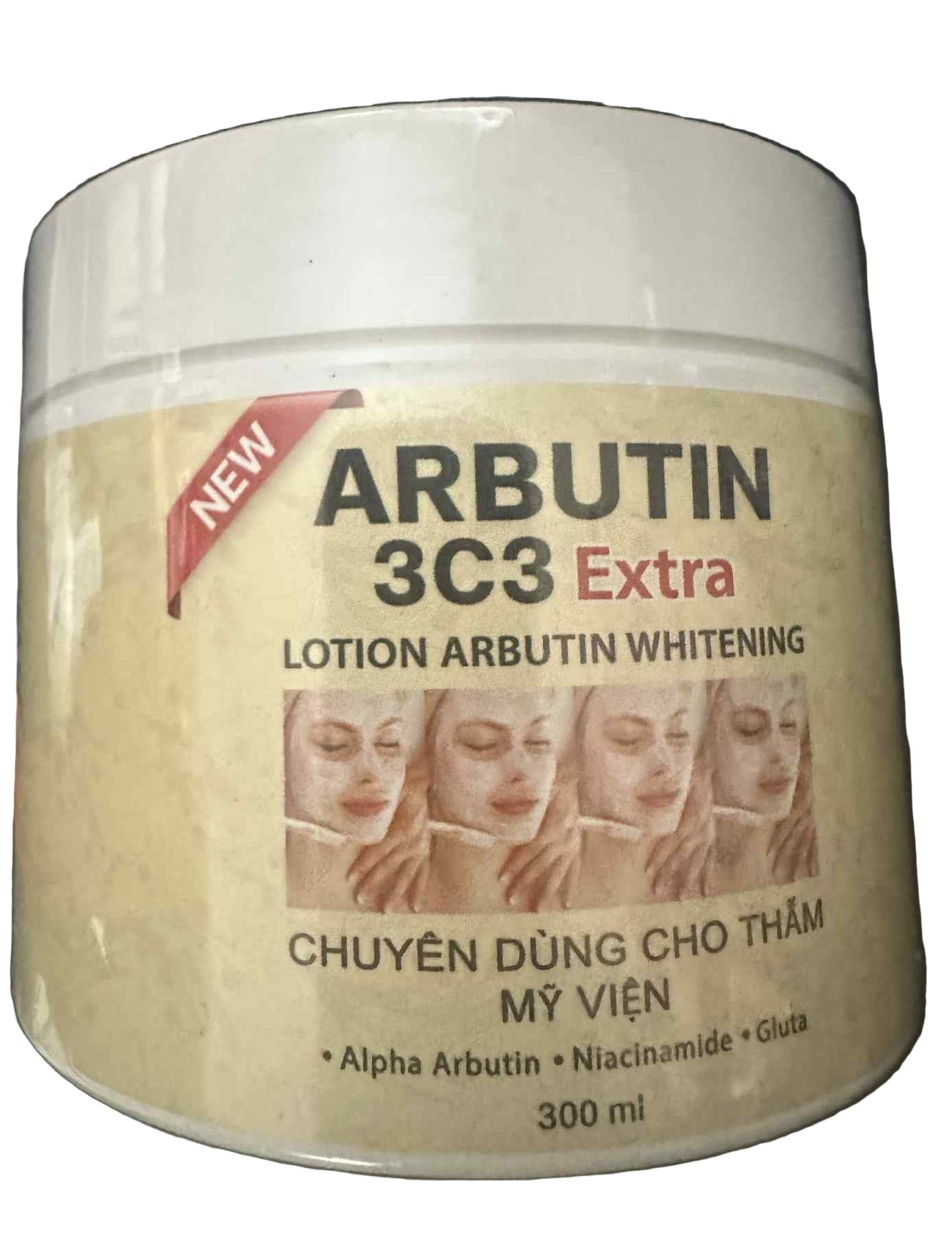 Jar of Arbutin 3C3 Extra lotion with a beige label on a dark background