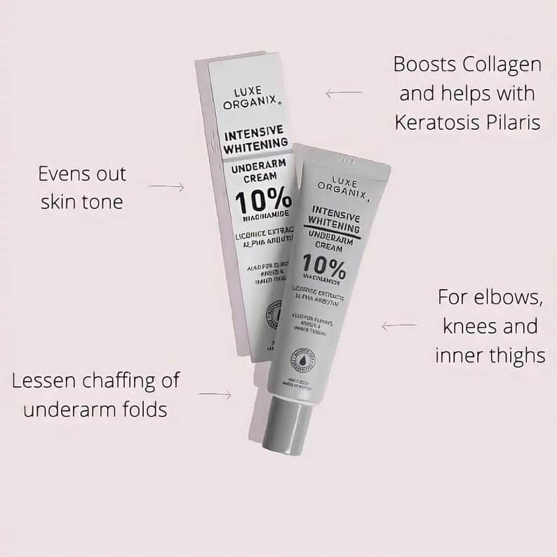 Two tubes of Luxe Organix Intensive Whitening Underarm Cream on a light pink background with text describing product benefits.