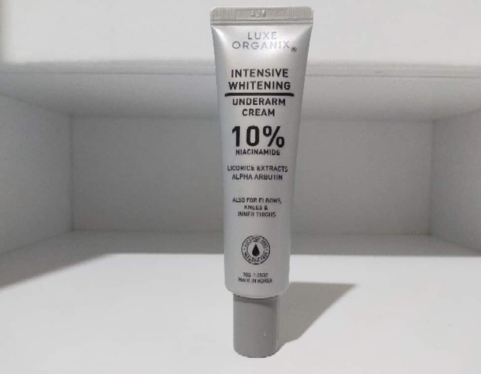 Tube of Luxe Organix Intensive Whitening Underarm Cream on a white background