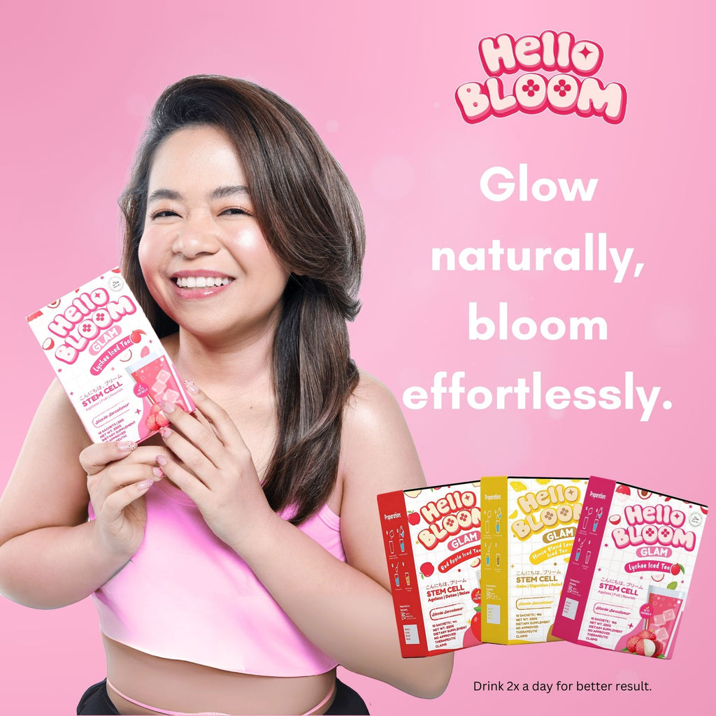 Woman holding 'Hello Bloom' products against a pink background with product packaging displayed.